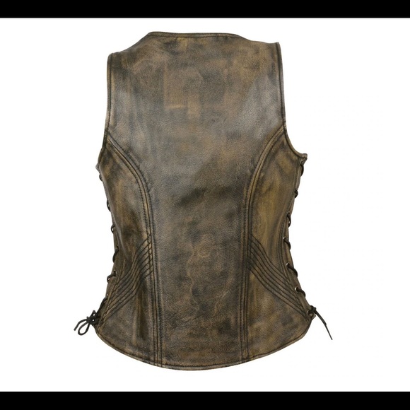 Brown Women's Open Neck Side Lace Front Zipper Leather Vest With Gun Pockets - Picture 2 of 2